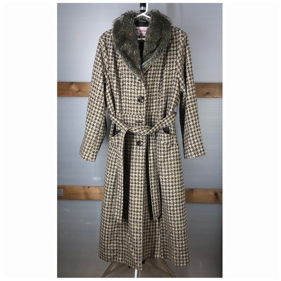 MARIA DIONISIOU Vintage Wool Blend Houndstooth Faux Fur Coat Sz 1X (US 14X -16X) - Picture 1 of 9